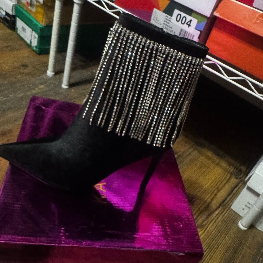 KAYLEEN By Los Angeles Black Heeled Boots with Rhinestone Fringe